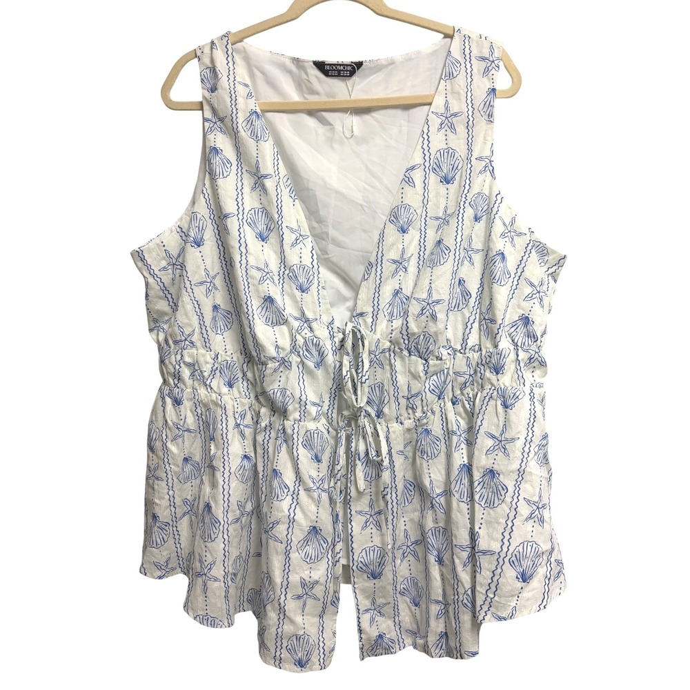 BloomChic Sea Shell Starfish‎ Print White Blue Peplum Top V-Neck Tie Front 22-24